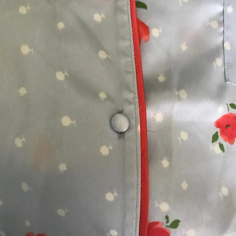 Kate Spade Pajama Set Extra Large Womens Floral Satin Long Sleeve Blue Coral XL